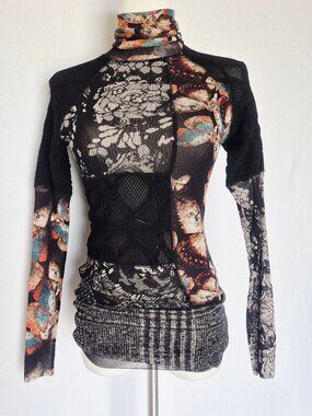 FUZZI Made in Italy Floral Butterfly Patchwork Mesh Top Turtle Neck Black